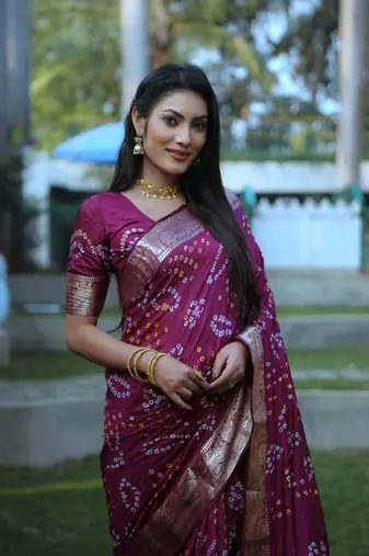 Women Wine Bandhej Silk And Zari Weaving Rich Pallu Saree With Blouse For Women