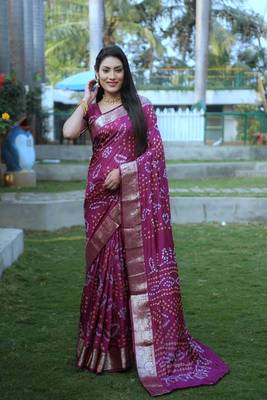 Women Wine Bandhej Silk And Zari Weaving Rich Pallu Saree With Blouse For Women 3