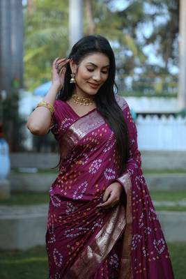 Women Wine Bandhej Silk And Zari Weaving Rich Pallu Saree With Blouse For Women 4
