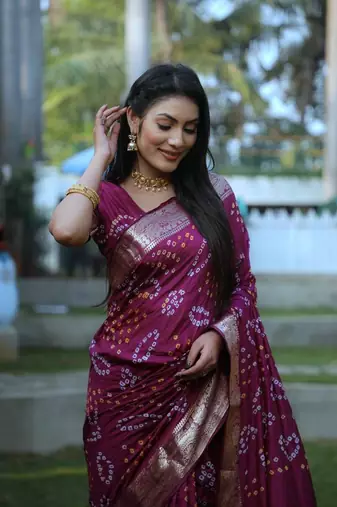 Women Wine Bandhej Silk And Zari Weaving Rich Pallu Saree With Blouse For Women