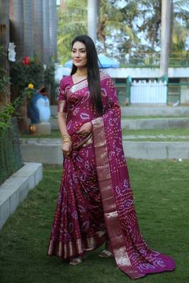 Women Wine Bandhej Silk And Zari Weaving Rich Pallu Saree With Blouse For Women 5