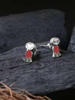 Silver-plated green and red flower studs 1