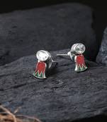 Silver-plated green and red flower studs
