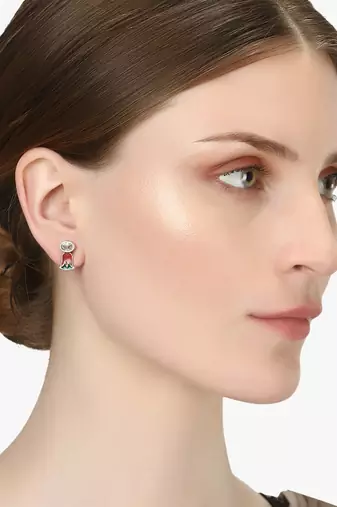 Silver-plated green and red flower studs