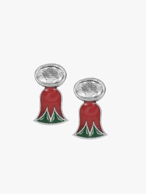 Silver-plated green and red flower studs 3