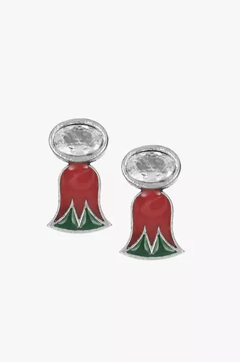 Silver-plated green and red flower studs