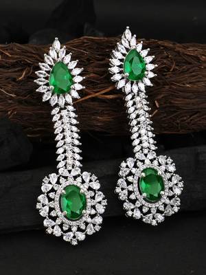 Women rhodium-plated cz stone green drop shaped earing 1