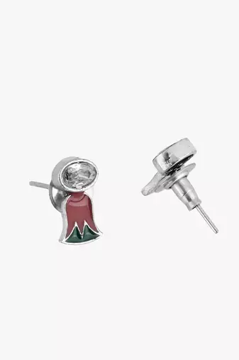 Silver-plated green and red flower studs