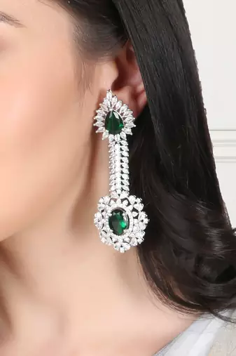 Women rhodium-plated cz stone green drop shaped earing