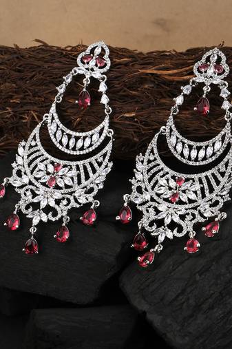 Women rhodium-plated cz stone pink crescent shaped drop earing