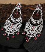 Women rhodium-plated cz stone pink crescent shaped drop earing