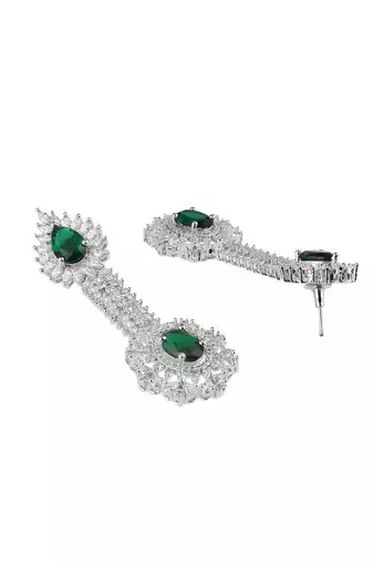 Women rhodium-plated cz stone green drop shaped earing