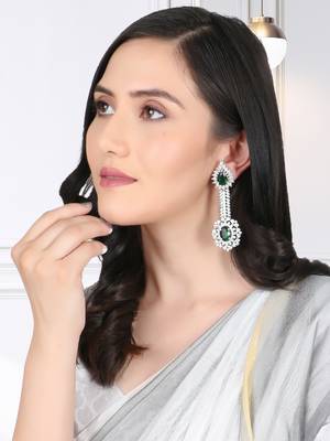 Women rhodium-plated cz stone green drop shaped earing 5