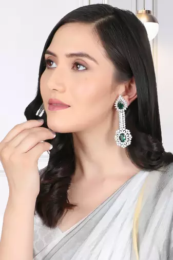 Women rhodium-plated cz stone green drop shaped earing
