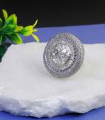 Women rhodium plated stone studded round finger ring