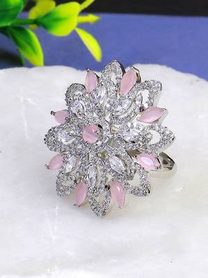 Women rhodium plated stone studded flower shape finger ring 1