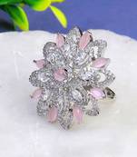 Women rhodium plated stone studded flower shape finger ring