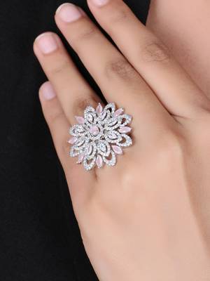 Women rhodium plated stone studded flower shape finger ring 2