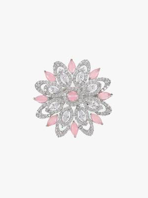 Women rhodium plated stone studded flower shape finger ring 3