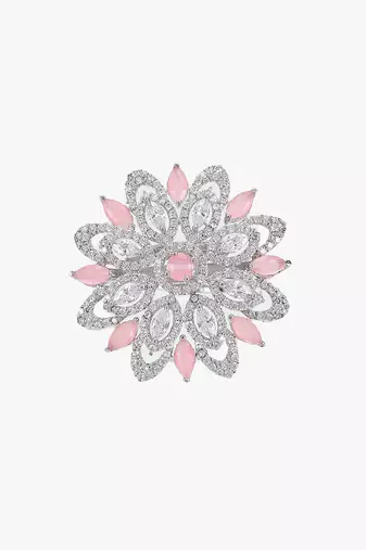Women rhodium plated stone studded flower shape finger ring