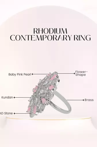 Women rhodium plated stone studded flower shape finger ring