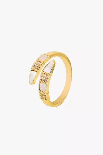 Women gold plated stone studded mother of pearl adjustable finger ring