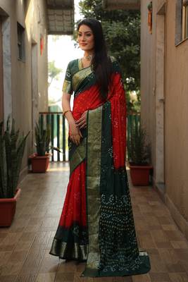 Women Green Bandhani Design And Bandhej Silk For Zari Weaving Rich Pallu Saree With Blouse For Women 1