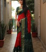 Women Green Bandhani Design And Bandhej Silk For Zari Weaving Rich Pallu Saree With Blouse For Women