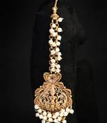 Women gold-plated stone-studded pearl-beaded maangtikka