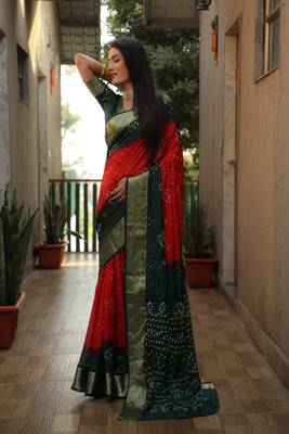 Women Green Bandhani Design And Bandhej Silk For Zari Weaving Rich Pallu Saree With Blouse For Women 5