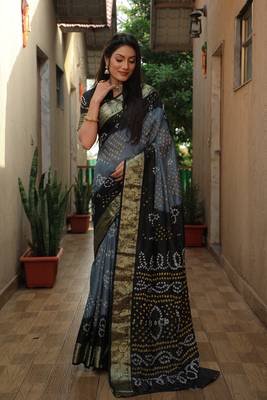 Women Black Bandhani Design And Bandhej Silk For Zari Weaving Rich Pallu Saree With Blouse For Women 1