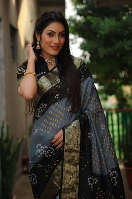 Women Black Bandhani Design And Bandhej Silk For Zari Weaving Rich Pallu Saree With Blouse For Women 4