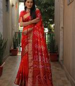 Women Maroon Bandhani Design And Bandhej Silk For Zari Weaving Rich Pallu Saree With Blouse For Women