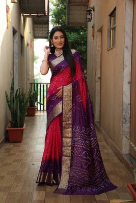 Women Purple Bandhani Design And Bandhej Silk For Zari Weaving Rich Pallu Saree With Blouse For Women 1