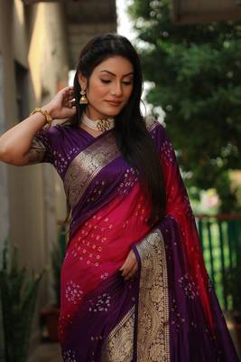 Women Purple Bandhani Design And Bandhej Silk For Zari Weaving Rich Pallu Saree With Blouse For Women 2