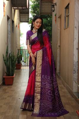 Women Purple Bandhani Design And Bandhej Silk For Zari Weaving Rich Pallu Saree With Blouse For Women 3