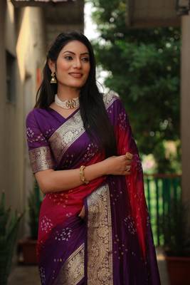 Women Purple Bandhani Design And Bandhej Silk For Zari Weaving Rich Pallu Saree With Blouse For Women 4