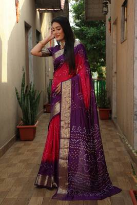 Women Purple Bandhani Design And Bandhej Silk For Zari Weaving Rich Pallu Saree With Blouse For Women 5