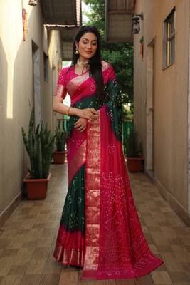 Women Pink Bandhani Design And Bandhej Silk For Zari Weaving Rich Pallu Saree With Blouse For Women 1