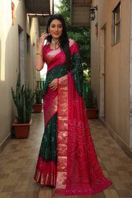 Women Pink Bandhani Design And Bandhej Silk For Zari Weaving Rich Pallu Saree With Blouse For Women 3