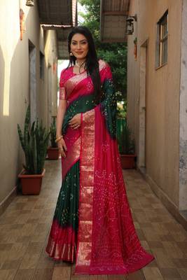 Women Pink Bandhani Design And Bandhej Silk For Zari Weaving Rich Pallu Saree With Blouse For Women 4