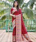 Women Red Bandehj Silk  And  Bandhani Type For Zari Weaving Rich Pallu Saree With Blouse For Women