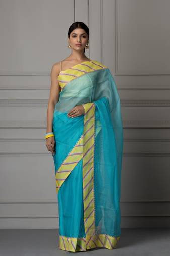 Blue & Yellow Aari Work Pure Silk Kota Saree