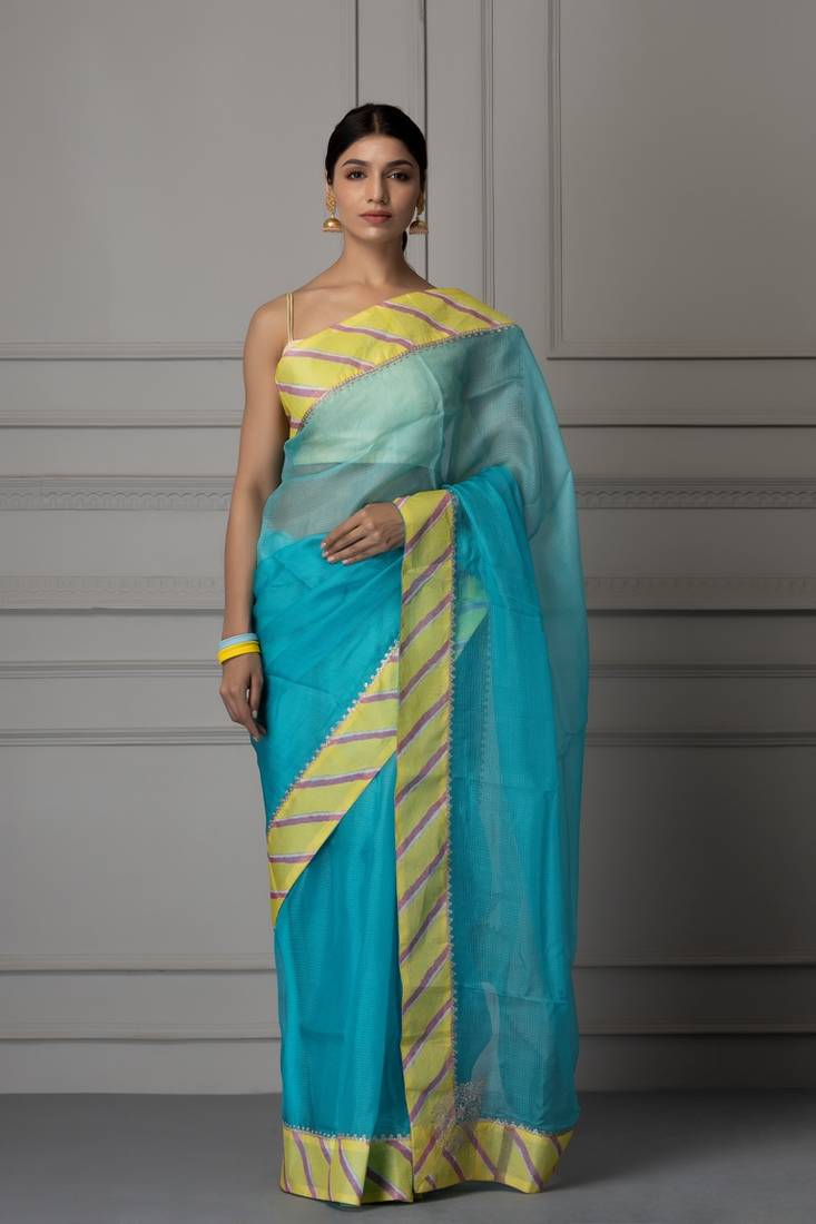 Blue & Yellow Aari Work Pure Silk Kota Saree