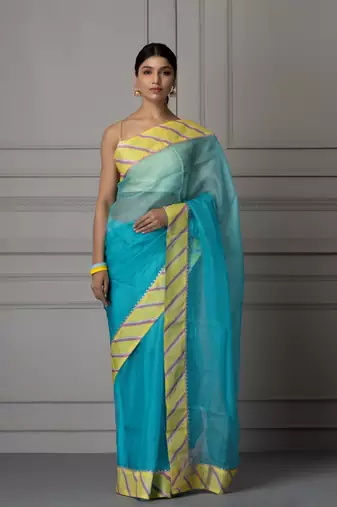 Blue & Yellow Aari Work Pure Silk Kota Saree
