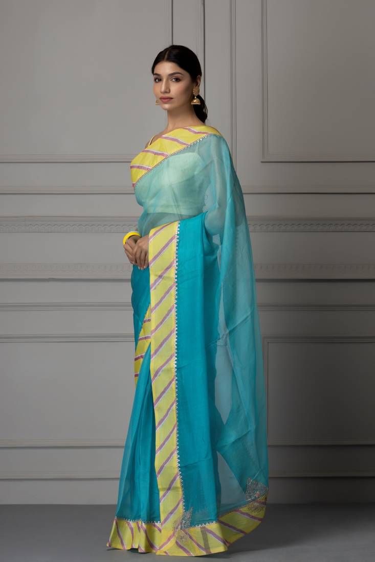 Blue & Yellow Aari Work Pure Silk Kota Saree