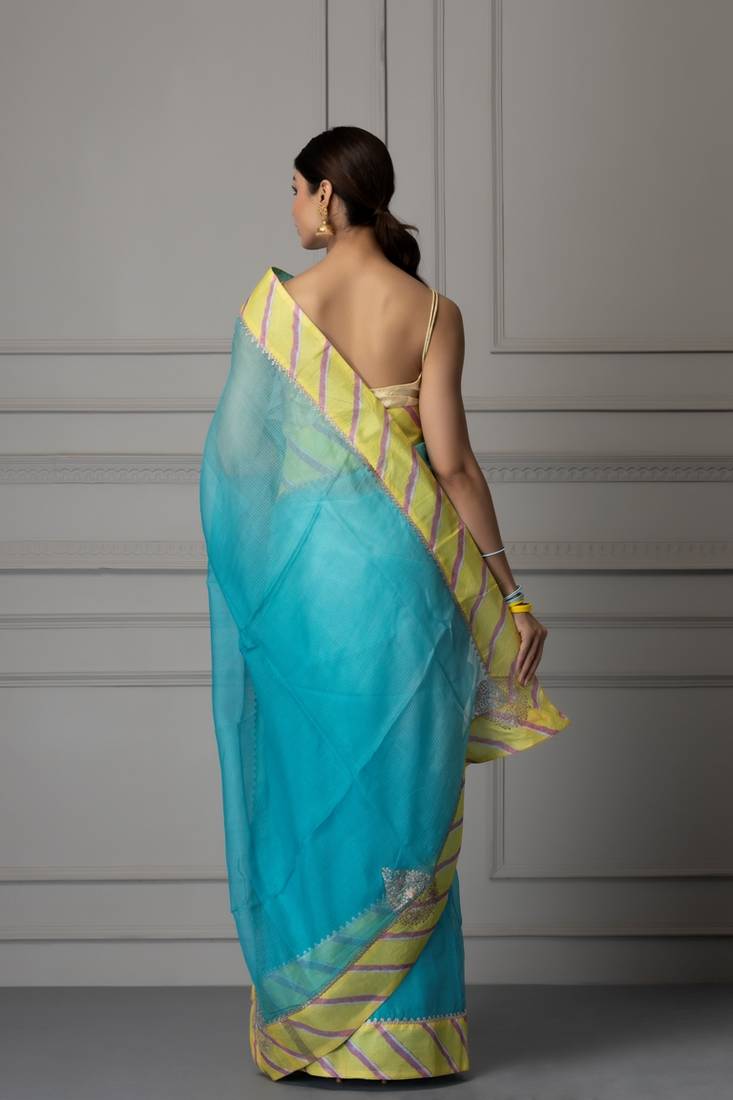 Blue & Yellow Aari Work Pure Silk Kota Saree