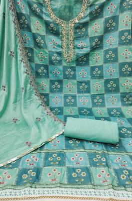 Turquoise Muslin Sequinned Position Unstitched Dress Material 3
