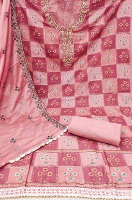 Peach Muslin Sequinned Position Unstitched Dress Material 3
