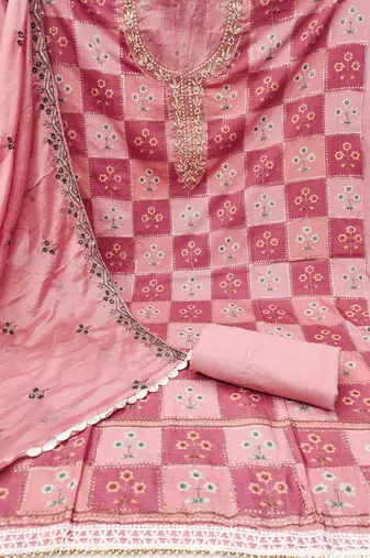 Peach Muslin Sequinned Position Unstitched Dress Material